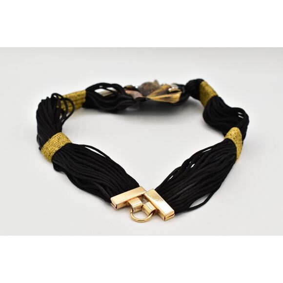 Vintage Made In Italy Waist Belt Mayan Metal Black Weaved Crystal Chunky 26" - Picture 6 of 12